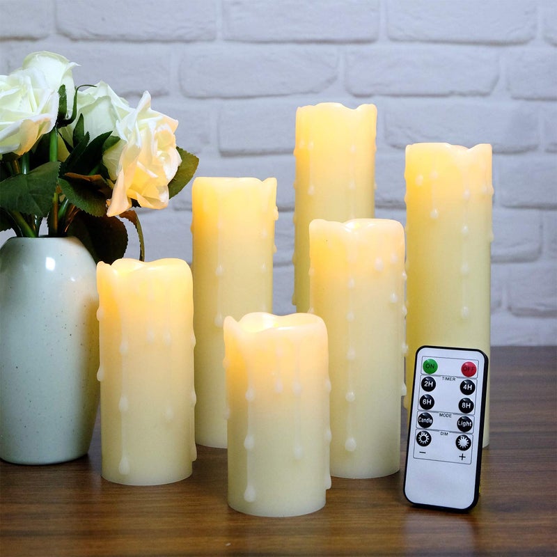 DRomance Flameless Flickering Candles Battery Operated with Remote and Timer, Set of 6 Dripping Wax LED Pillar Candles Halloween Christmas Holiday Indoor Decor(Ivory, 2.2 x 4-9 Inches) - Image 2